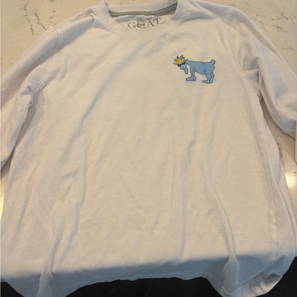 White Long Sleeve GOAT shirt with Blue Goat Graphic.  Like new.
